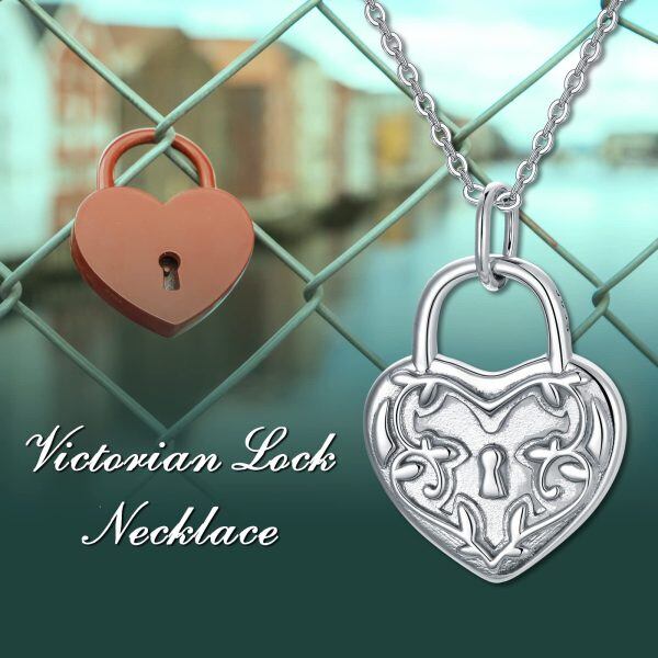 Sterling Silver Victoria Lock Heart Pendant Necklace-5