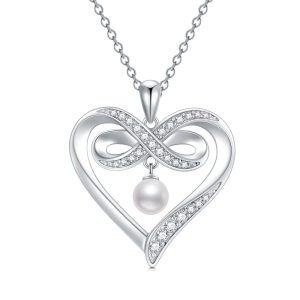 Sterling Silver Moissanite Infinity Heart Pendant Necklace with Freshwater Pearl-0