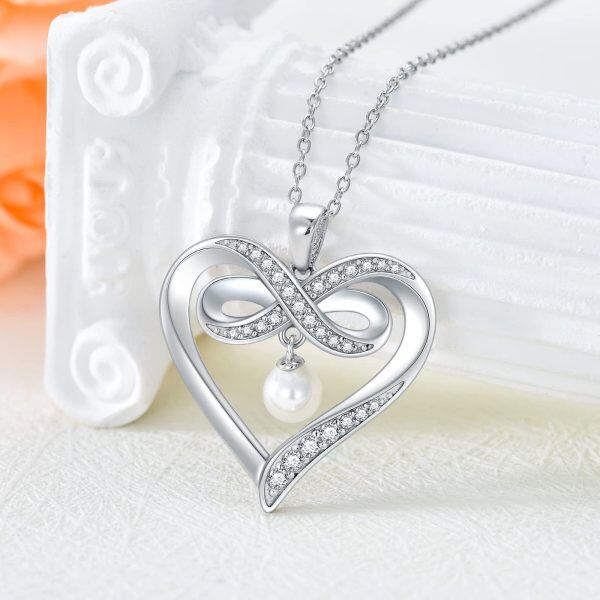 Sterling Silver Moissanite Infinity Heart Pendant Necklace with Freshwater Pearl-3