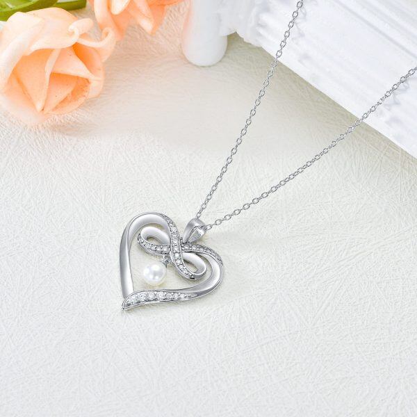 Sterling Silver Moissanite Infinity Heart Pendant Necklace with Freshwater Pearl-4