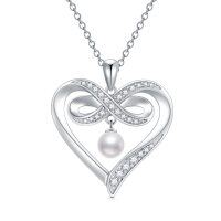 wholesale 925 Sterling Silver Freshwater Pearl Infinity Heart Pendant Necklace for Women- Rhodium Plated