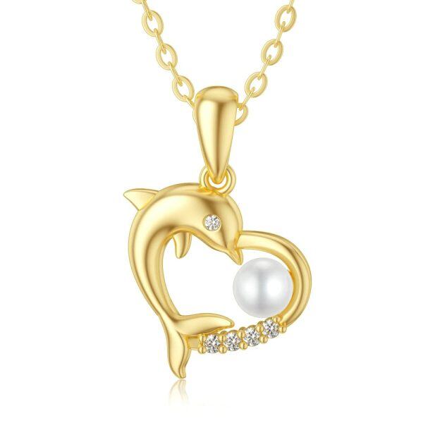 14K Solid Gold Dolphin Heart Pendant Necklace with 4mm Freshwater Cultured Pearl-0