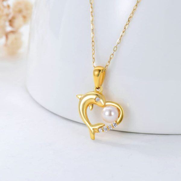 14K Solid Gold Dolphin Heart Pendant Necklace with 4mm Freshwater Cultured Pearl-3