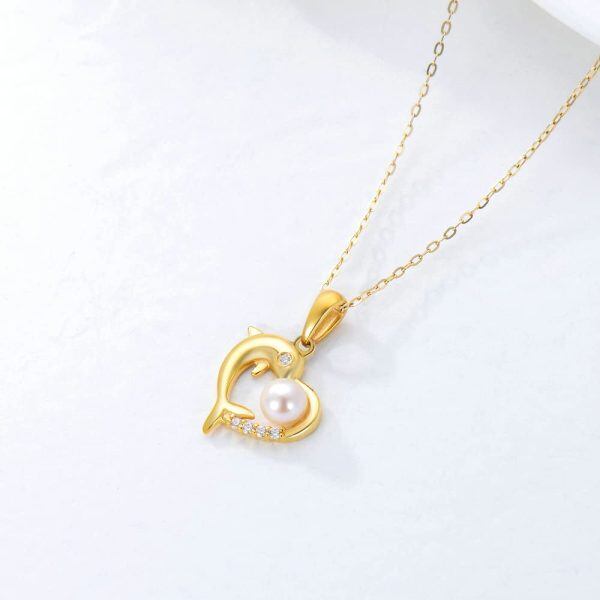 14K Solid Gold Dolphin Heart Pendant Necklace with 4mm Freshwater Cultured Pearl-4