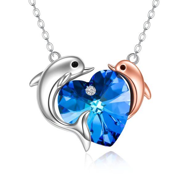 Sterling Silver Dolphin Mother Child Heart Pendant Necklace-0