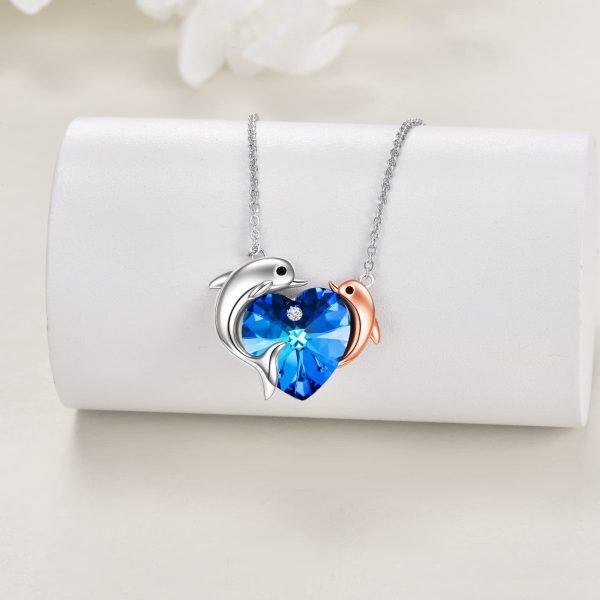 Sterling Silver Dolphin Mother Child Heart Pendant Necklace-3