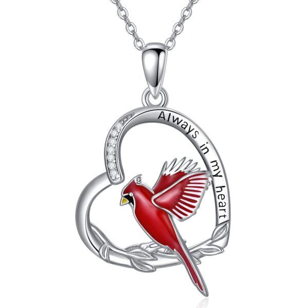 Sterling Silver Red Cardinal Heart Pendant Necklace-0