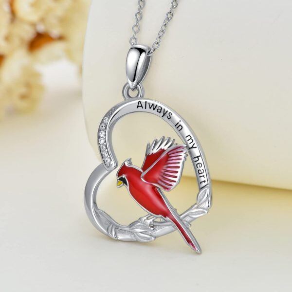 Sterling Silver Red Cardinal Heart Pendant Necklace-3