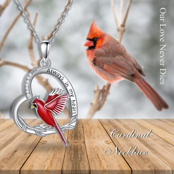 Sterling Silver Red Cardinal Heart Pendant Necklace-5