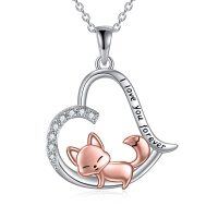 wholesale 925 Sterling Silver Fox Heart Pendant Necklace with Cubic Zirconia and Engraved Message I Love You Forever - Cute  for Women- Rhodium And Rose Gold Plated