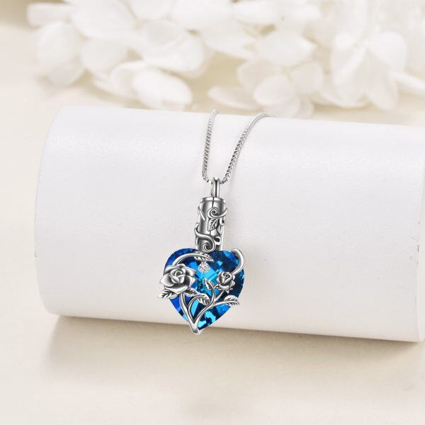 Sterling Silver Rose Heart Crystal Urn Necklace-3