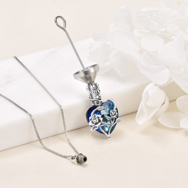 Sterling Silver Rose Heart Crystal Urn Necklace-4