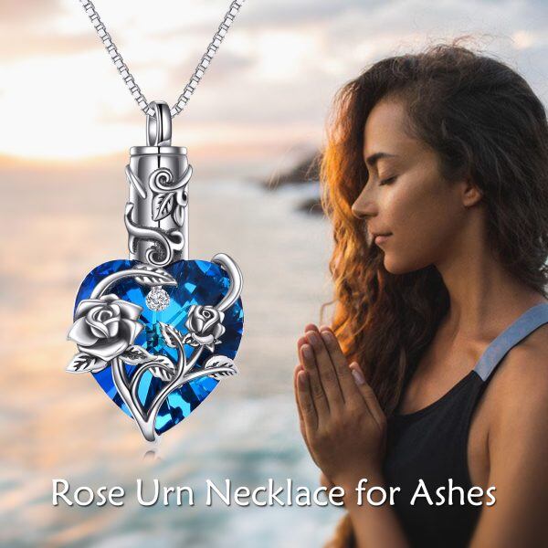 Sterling Silver Rose Heart Crystal Urn Necklace-5