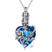 wholesale 925 Sterling Silver Blue Heart Crystal Rose Cremation Urn Pendant Necklace with Funnel and Fill Tool- Oxidized/Oxidised