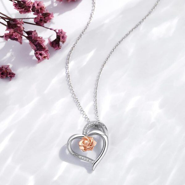 Sterling Silver Rose Heart Pendant Necklace-4