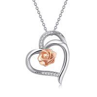 wholesale 925 Sterling Silver Rose Gold Flower in Heart-Shaped Frame Pendant Necklace for Women- Rhodium And Rose Gold Plated