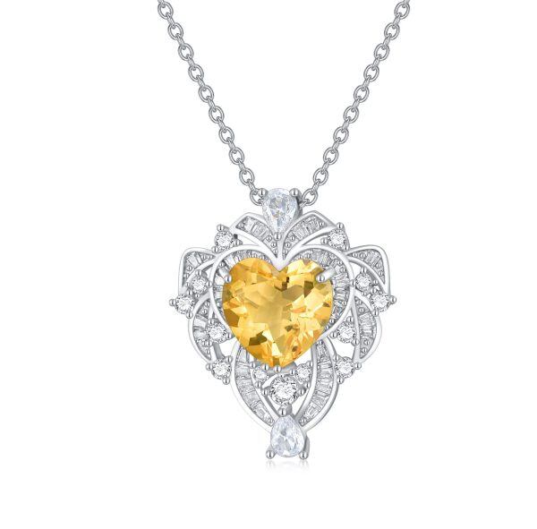 Sterling Silver 9.5MM Heart Shaped Yellow Citrine Pendant Necklace-0