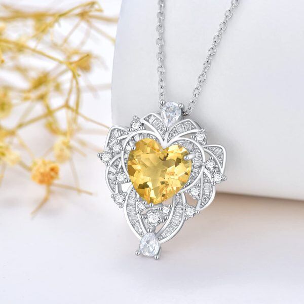 Sterling Silver 9.5MM Heart Shaped Yellow Citrine Pendant Necklace-3