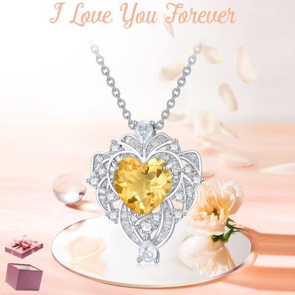 Sterling Silver 9.5MM Heart Shaped Yellow Citrine Pendant Necklace-5