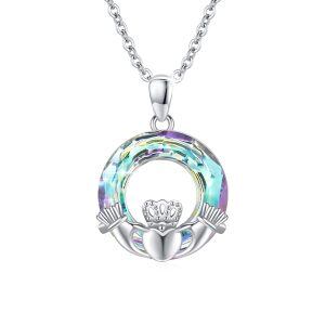 Sterling Silver Good Luck Irish Claddagh Heart Pendant Necklace with Circle Crystal-0