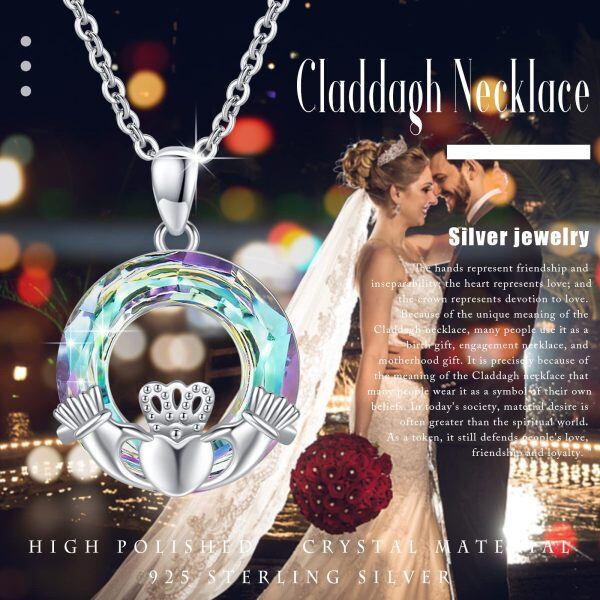 Sterling Silver Good Luck Irish Claddagh Heart Pendant Necklace with Circle Crystal-4