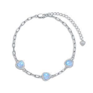 Sterling Silver Heart Shaped Created Moonstone Chain Bracelets-0