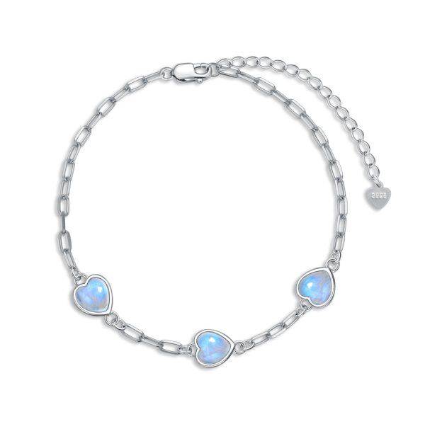 Sterling Silver Heart Shaped Created Moonstone Chain Bracelets-0