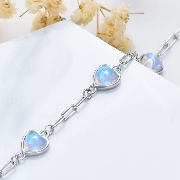 Sterling Silver Heart Shaped Created Moonstone Chain Bracelets-4