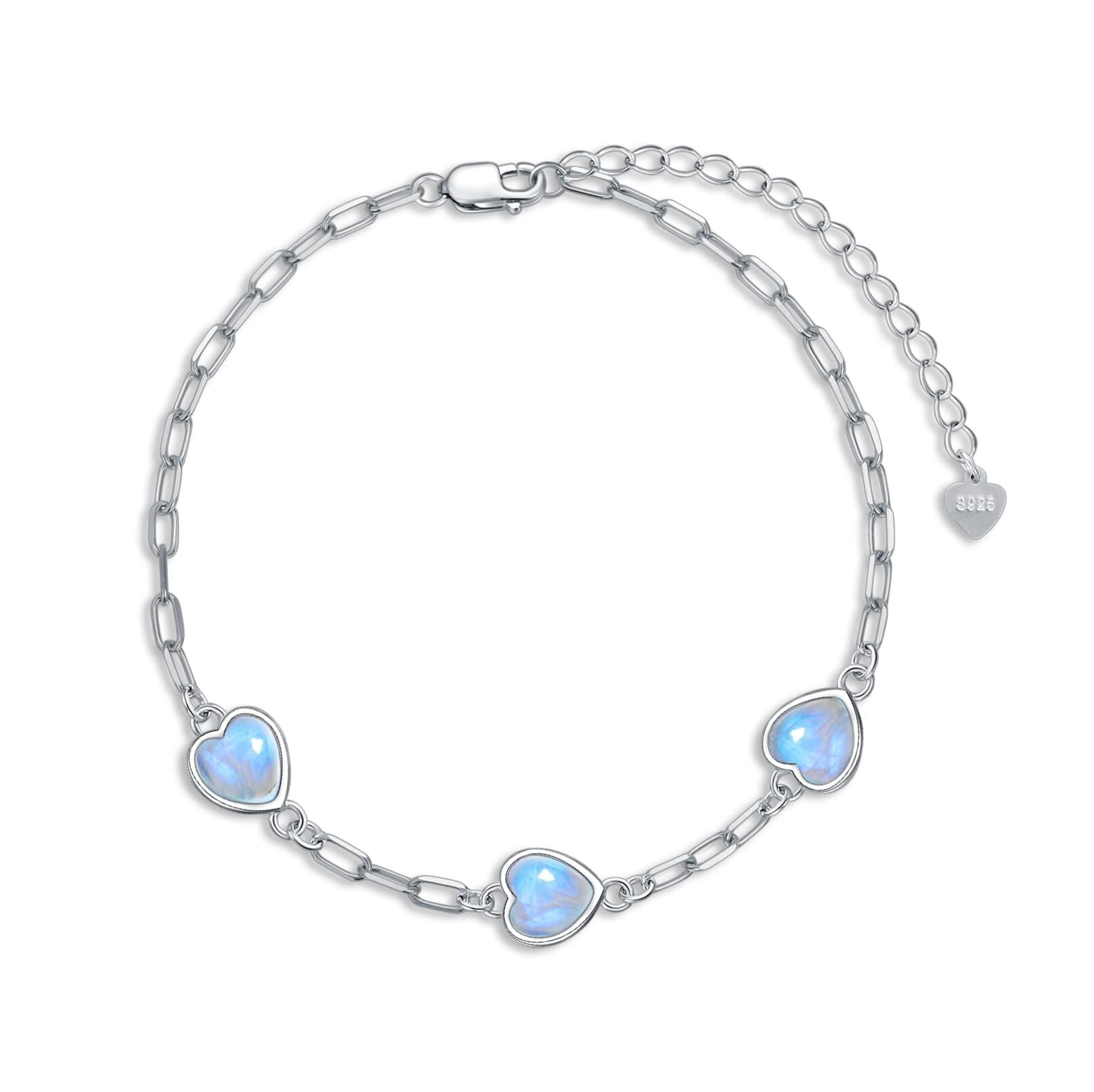 wholesale Sterling Silver Simulated Moonstone Heart Link Chain Bracelet for Women - Rhodium Plated- Rhodium Plated