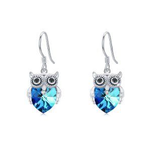 Sterling Silver Blue Heart Crystal Owl Dangle Earrings-0