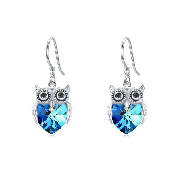 Sterling Silver Blue Heart Crystal Owl Dangle Earrings-0