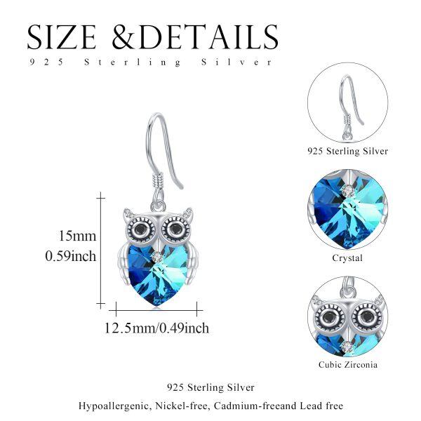 Sterling Silver Blue Heart Crystal Owl Dangle Earrings-1