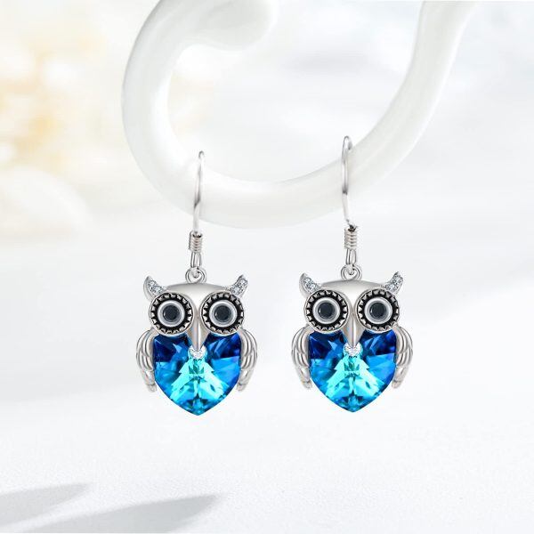 Sterling Silver Blue Heart Crystal Owl Dangle Earrings-4