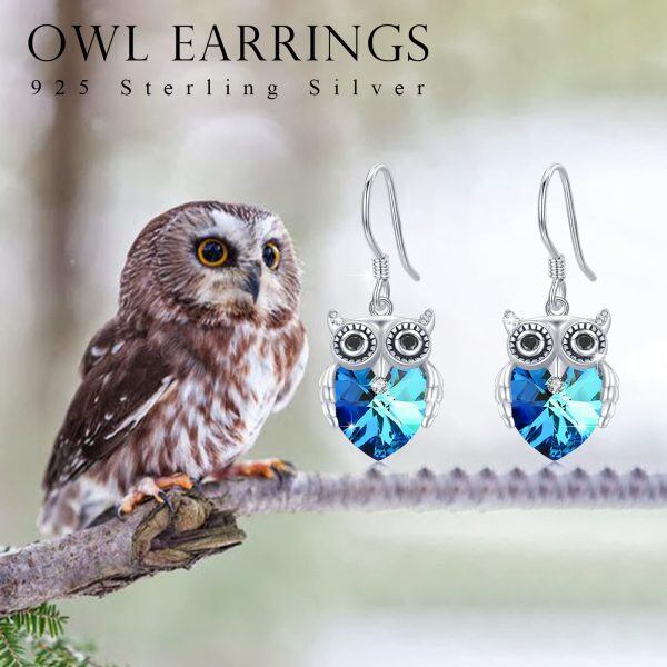 Sterling Silver Blue Heart Crystal Owl Dangle Earrings-5