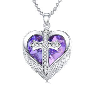 Sterling Silver Cross Angel Wings Heart Purple Crystal Pendant Necklace-0