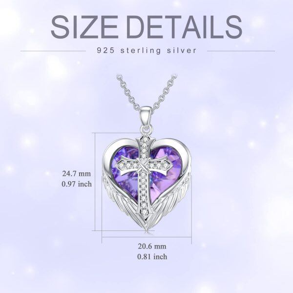 Sterling Silver Cross Angel Wings Heart Purple Crystal Pendant Necklace-1