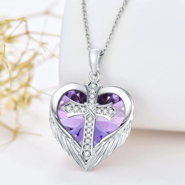 Sterling Silver Cross Angel Wings Heart Purple Crystal Pendant Necklace-3