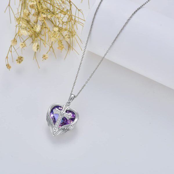 Sterling Silver Cross Angel Wings Heart Purple Crystal Pendant Necklace-4