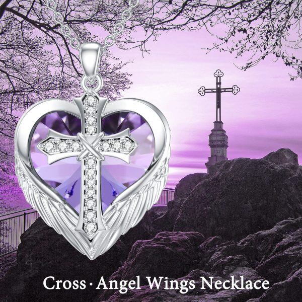 Sterling Silver Cross Angel Wings Heart Purple Crystal Pendant Necklace-5