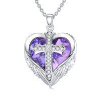wholesale 925 Sterling Silver CZ Heart with Angel Wings Pendant Necklaces for Women - Religious Gifts- Rhodium Plated