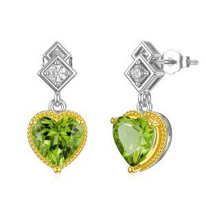 Sterling Silver 7MM Heart Cut Peridot Dangle Earrings-0