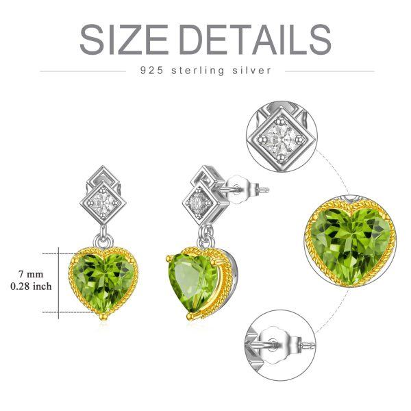 Sterling Silver 7MM Heart Cut Peridot Dangle Earrings-1