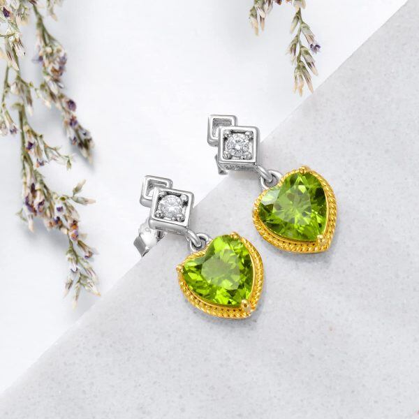 Sterling Silver 7MM Heart Cut Peridot Dangle Earrings-3