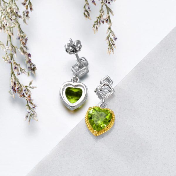 Sterling Silver 7MM Heart Cut Peridot Dangle Earrings-4