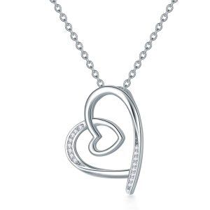 Sterling Silver with 14K White Gold Plated Diamond Double Heart Pendant Necklace-0