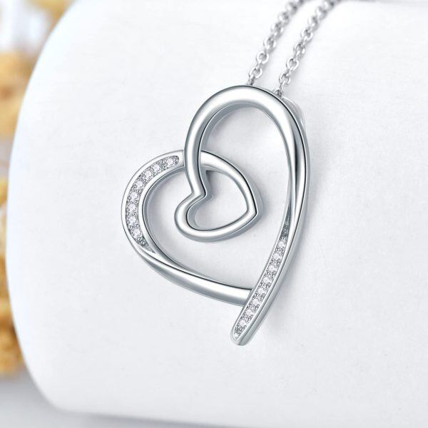 Sterling Silver with 14K White Gold Plated Diamond Double Heart Pendant Necklace-3