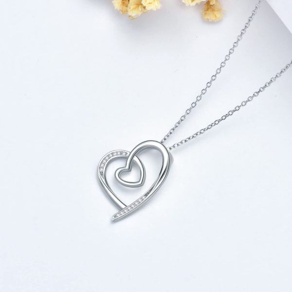 Sterling Silver with 14K White Gold Plated Diamond Double Heart Pendant Necklace-4