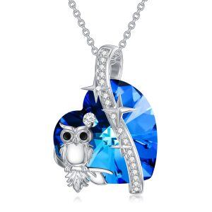 Sterling Silver Owl Heart Crystal Pendant Necklace-0