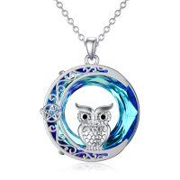wholesale 925 Sterling Silver Owl Pendant Necklace with Blue Crystal Glass Gemstone s for Women and Girls- Rhodium Plated