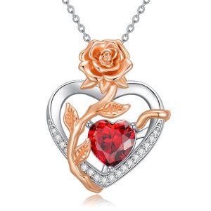 Sterling Silver Rose Heart Pendant Necklace with January Birthstone-0